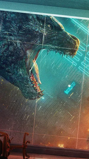 A Man Is Sitting In A Room With A Giant Dinosaur Wallpaper