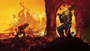 A Man Is Standing In Front Of A Door With A Monster In The Background Wallpaper