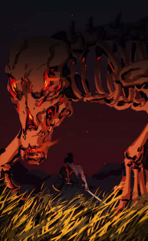 A Man Is Standing In The Grass Next To A Skeleton Wallpaper