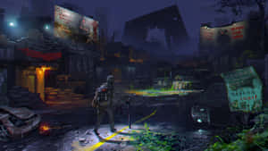 A Man Is Walking Through A Dark City Wallpaper