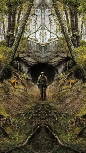 A Man Is Walking Through A Forest With Trees Wallpaper