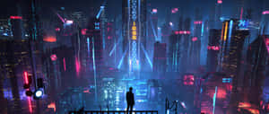 A Man Standing On A Ledge In A Futuristic City Wallpaper