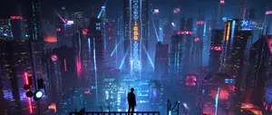 A Man Standing On A Ledge In A Futuristic City Wallpaper