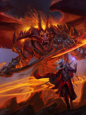 A Man With A Sword And A Demon In Flames Wallpaper