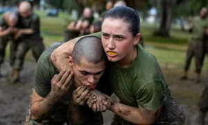A Marine Outside A Rustic Country Cabin. Wallpaper