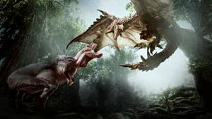 A Mighty Dinosaur Rides Atop A Dragon, Ready For Their Next Adventure Wallpaper