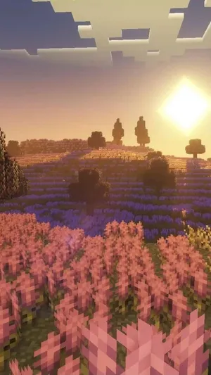A Minecraft Scene With A Pink Flower Field Wallpaper