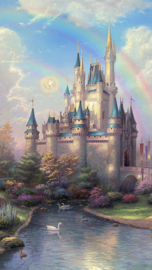 A Painting Of A Castle With A Rainbow In The Sky Wallpaper