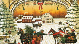 A Painting Of A Christmas Scene With Horses And Carriages Wallpaper