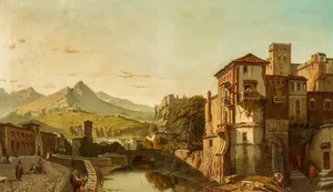 A Painting Of A City With A River And Mountains Wallpaper