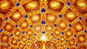 A Painting Of A Golden Peacock With Blue Eyes Wallpaper