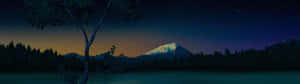 A Painting Of A Mountain And Lake At Night Wallpaper