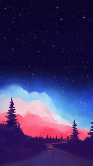 A Painting Of A Night Sky With Trees And Stars Wallpaper