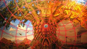 A Painting Of A Tree With A Red Web Wallpaper