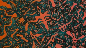 A Painting With Orange, Black And Green Shapes Wallpaper
