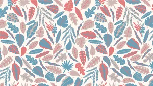 A Pattern Of Leaves In Blue, Pink And Red Wallpaper