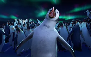 A Penguin Is Standing In Front Of A Group Of Penguins Wallpaper