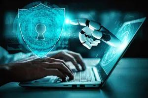 A Person Typing On A Laptop With A Robot Hand On It Wallpaper