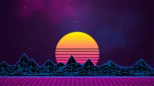 A Pink And Purple Background With A Sun And Mountains Wallpaper