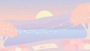 A Pink And White Landscape With Trees And A Book Wallpaper