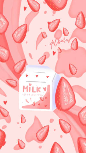 A Pink Background With Strawberries And Milk Wallpaper
