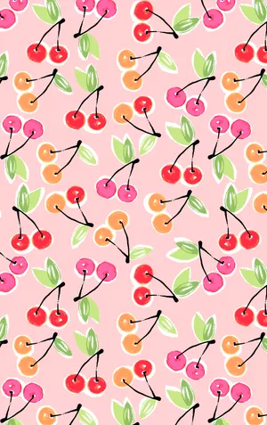 A Pink Fabric With Cherries On It Wallpaper