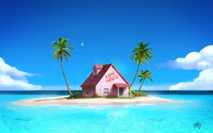 A Pink House On An Island With Palm Trees Wallpaper