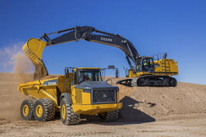 A Powerful John Deere Dump Truck And Excavator Working On A Construction Site Wallpaper