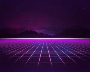 A Purple And Blue 80s Style Background With A Grid Wallpaper
