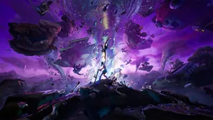 A Purple And Blue Painting Of A Spaceship Wallpaper