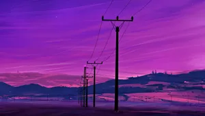 A Purple Sky With A Telephone Pole And Mountains Wallpaper