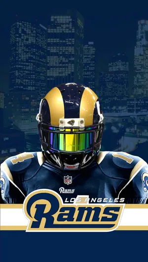 A Rams Player In A Helmet With A City Skyline Behind Him Wallpaper