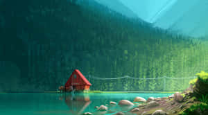 A Red House On A Lake In The Mountains Wallpaper