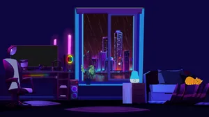 A Room With A Computer And A Lamp Wallpaper