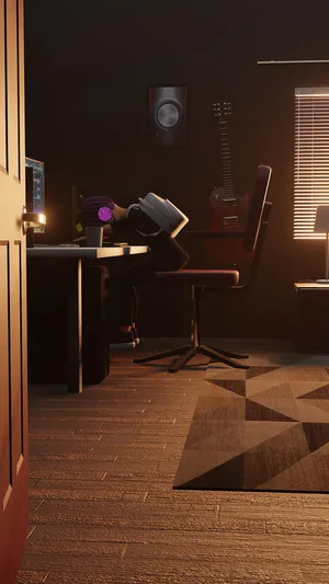 A Room With A Desk, Chair, And A Lamp Wallpaper