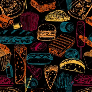 A Seamless Pattern Of Fast Food Items Wallpaper
