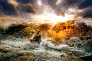 A Ship Braving A Violent Storm At Sea Wallpaper
