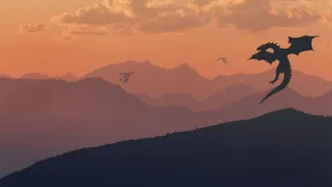 A Silhouette Of A Dragon Flying Over A Mountain Wallpaper