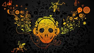 A Skull With Headphones And Other Objects On A Black Background Wallpaper
