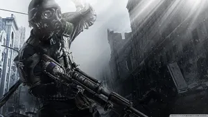 A Soldier With A Gun In A City Wallpaper