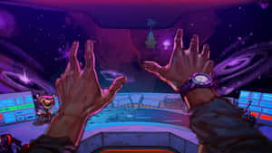 A Space Station With Hands Reaching Up To The Sky Wallpaper