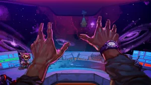 A Space Station With Hands Reaching Up To The Sky Wallpaper