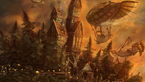 A Steampunk Airship Dock Wallpaper