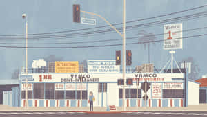 A Street Scene With A Building And A Street Sign Wallpaper