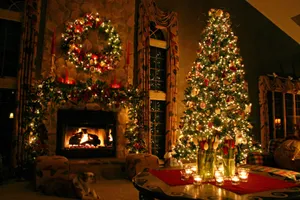 A Tall Christmas Tree Brightens The Fireplace Wallpaper