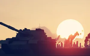 A Tank Is In The Middle Of A City At Sunset Wallpaper