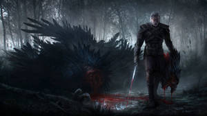 A Triumphant Geralt Of Rivia Beheading A Monster In The Witcher 3 Wallpaper