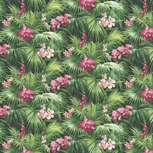 A Tropical Wallpaper With Pink Flowers And Palm Trees Wallpaper
