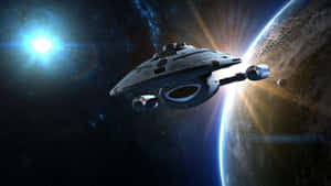 A U.s.s. Voyager Commanded By Captain Janeway Between Universes Wallpaper