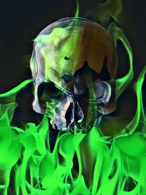 A Vibrant Skull Engulfed In Flames, With A Brilliant Green Aura Enthralling The Black And Orange Colors. Wallpaper